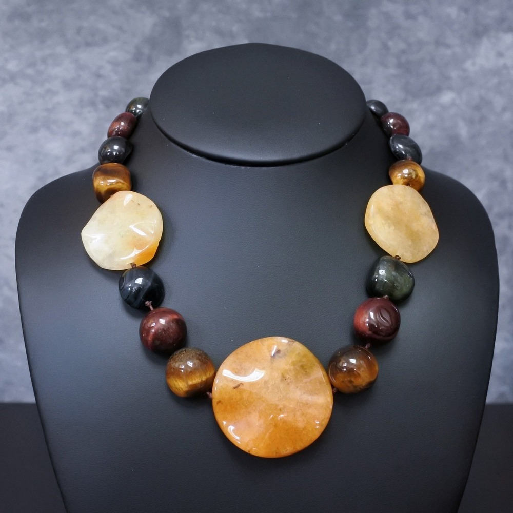 Gemstone Tiger's Eye Agate Beaded Stone Statement Chunky Necklace